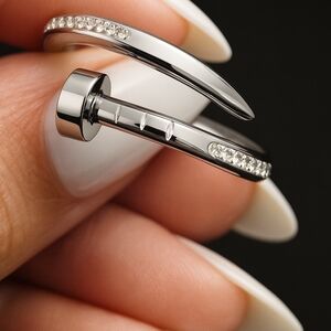 Silver Nail Design Ring with Crystals